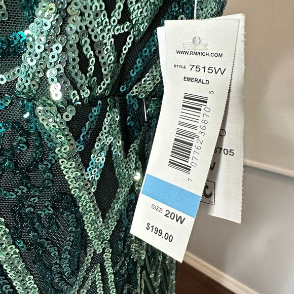 R&M Richards Elegant Evening Dress Womens Plus Green Sequined Long V-Neckline - Picture 7 of 16